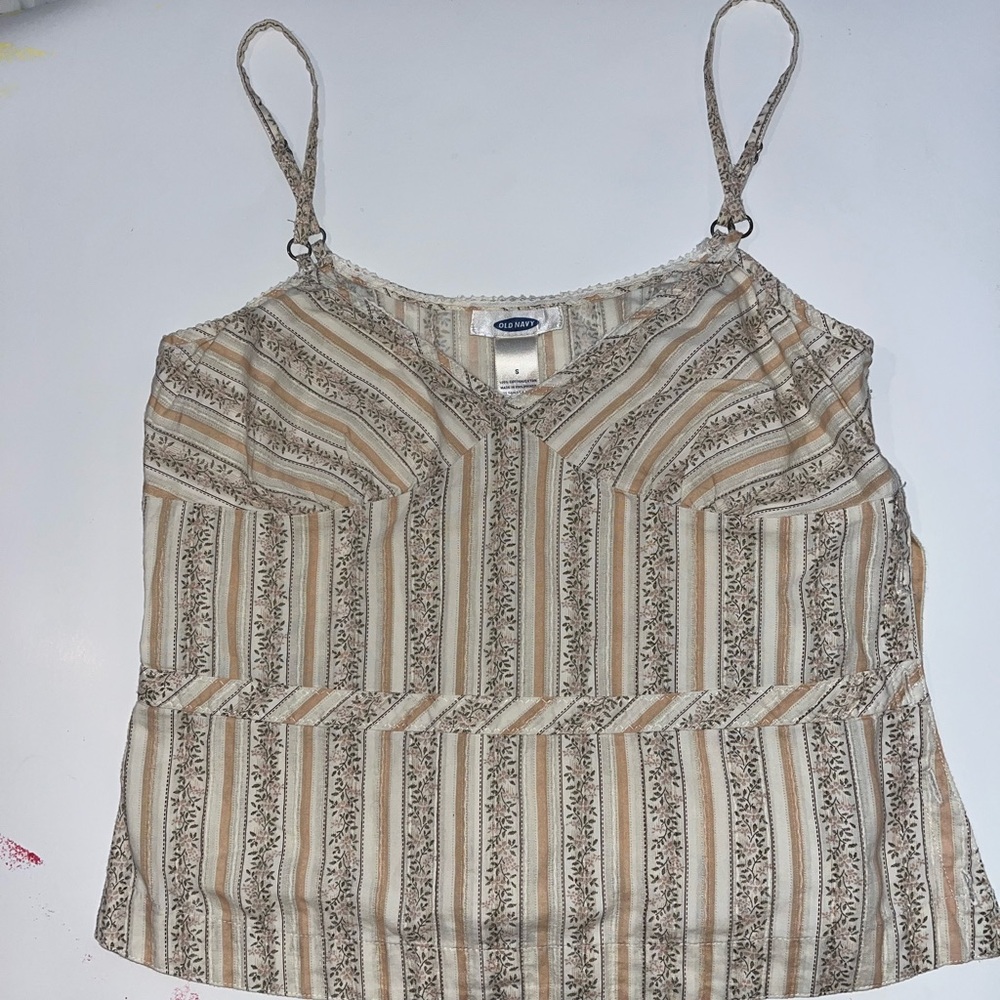 Old Navy Cream Striped Tank Top Blouse with Flower and Button Detailing
